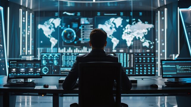 Digital Command Center Systems Administrator Managing Vast Network in Darkened Room