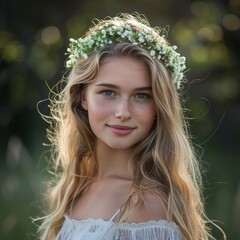 Poster - beautiful young woman with flower crown