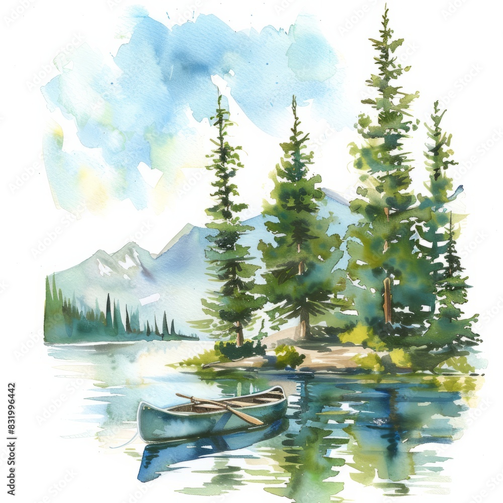 Watercolor painting of a serene mountain lake, with tall pine trees ...