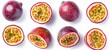 © Лаra Wladdim - Set of whole and half fresh passion fruit isolated on white background, top view.