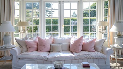 Wall Mural - Interior design of living room with home decor, elegant furniture, gracefull sofa, white and pink textiles, country style cottage lounge
