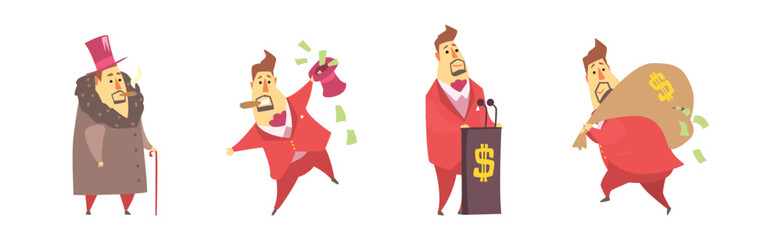 Canvas Print - Fat Rich Millionaire Man in Red Suit with Money Vector Set