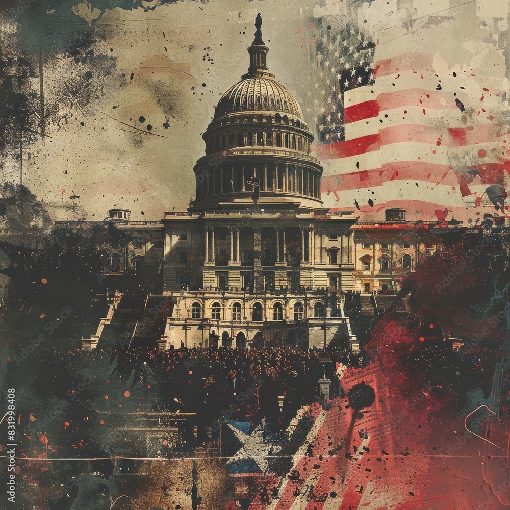 Artistic depiction of the US Capitol building superimposed with a ...