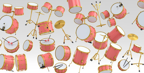 Poster - Many of flying drums with metal cymbals or drumset on white background