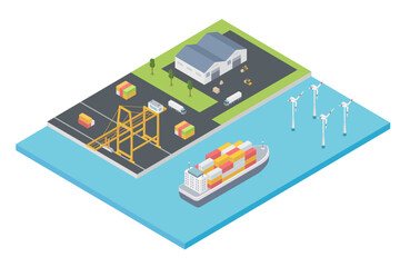 Vector isometric cargo port with cranes unloading containers from container ship.