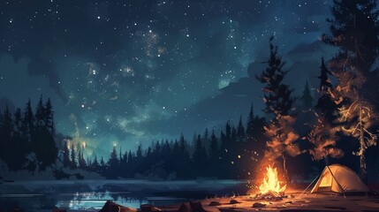 Wall Mural - A campfire burns near a tent and trees under a starry night sky.