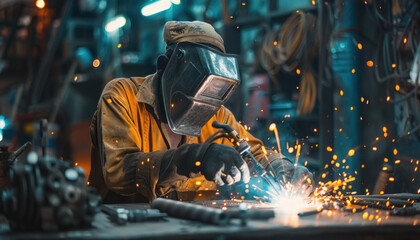 Indian welder welding in a mechanical workshop dressed in protective equipment