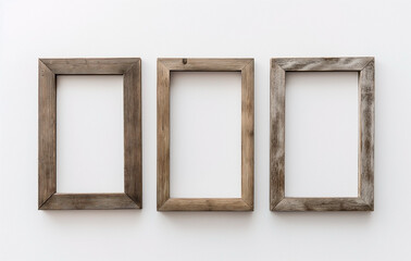 Three empty wooden frames on a white background with polished for minimal idea creative concept