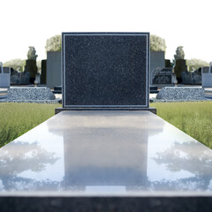 Gravestone, cemetery and grass with religion, spiritual and burial site with marble, statue and mockup. Empty, nature and landscape with death, service and symbol with peace, traditional and culture