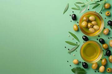 Wall Mural - Olive oil in bowl with olives and leaves isolated on green background with copy space.