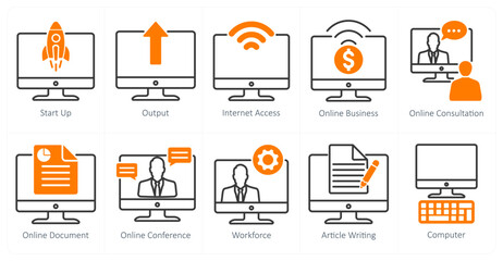 A set of 10 business and office icons as start up, output, internet access