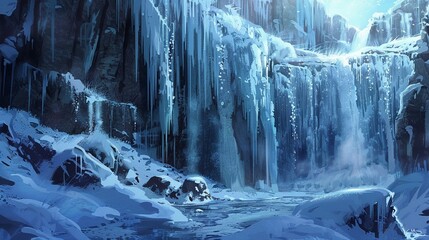 A frozen waterfall with large icicles hanging from it.