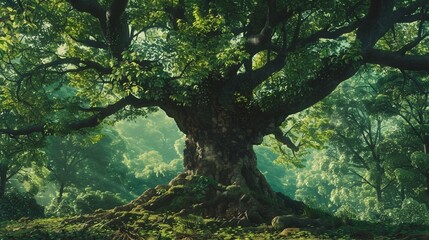 Wall Mural - a large tree with a thick trunk and many branches covered in green leaves. The tree is set in a forest with other trees visible in the background