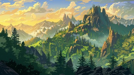 Wall Mural - A mountainous landscape with tall rocks, green trees, and a sunset in the background.