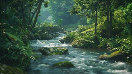 Wall Mural - A river flows through a dense forest, surrounded by trees and rocks.