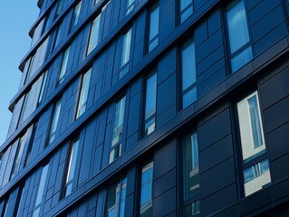 Canvas Print - A close-up view of a modern building facade featuring reflective glass windows and sleek, dark panels.