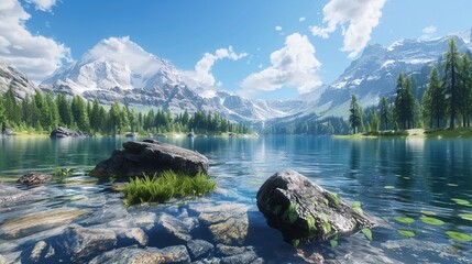 Wall Mural - A serene lake surrounded by mountains, with rocks and trees visible in the foreground and clear blue skies overhead.