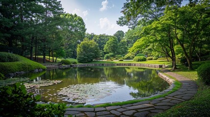 Wall Mural - A serene pond surrounded by trees and a paved walkway.