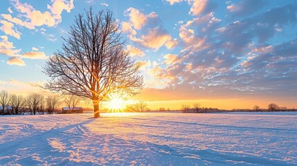 Wall Mural - A snow-covered field with a tree in the foreground and a sunset in the background. The sky is blue with a mix of white clouds and sun beams