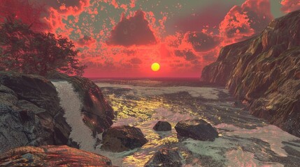 Wall Mural - A sunset over a rocky beach with a small waterfall over rocks in the foreground.