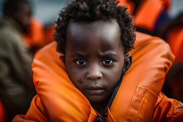 Wall Mural - little african boy wearing an orange swimvest in a lifeboat - closeup portrait of a refugee