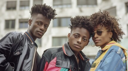 Canvas Print - Portrait of group of black young people in retro 90s clothes and haircuts, photo of friends in nineties style, AI generated image