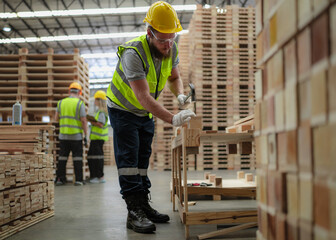 Young adult carpenter hammering nail hardwood at wooden pallet factory. Male industrial engineer wearing safety uniform and yellow hard hat working using hammer nail to on plank at carpentry workshop.