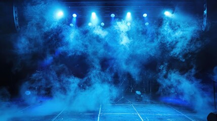 Sticker - Ethereal Glow, Blue Lights and Smoke on a Dark Concert Stage. Generative Ai