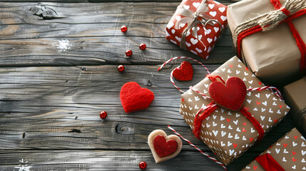Wall Mural - Valentine's Day. presents, heart felt and decor on wooden background