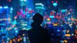 © jiraphat - A man is standing in front of a city skyline with a lot of numbers and lights. The image has a futuristic and abstract feel to it, with the man being the only visible element