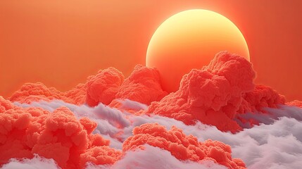 Wall Mural - A red and orange sky with a large sun and clouds