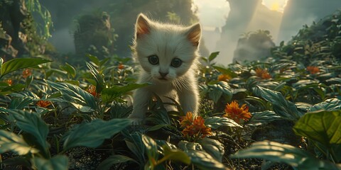 A kitten is in a lush green field with orange flowers