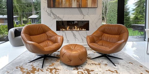 Wall Mural - A living room with two brown leather chairs and a white ottoman