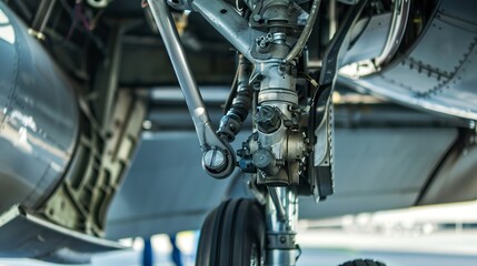 Sticker - Intricate view of an airplane's hydraulic landing gear system, emphasizing shiny metal and hydraulic fluids. 