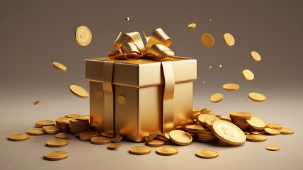 Floating gold coins on a 3D Gift Box. Cash surprise box. Cash prize reward. Casino or online game winning concept with copy space on an isolated background
