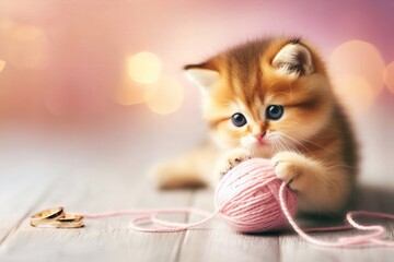 A kitten is playing with a pink ball of yarn