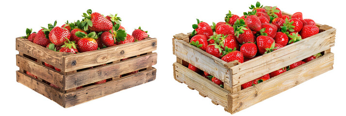 Canvas Print - wooden box of strawberries, isolated on white or transparent PNG