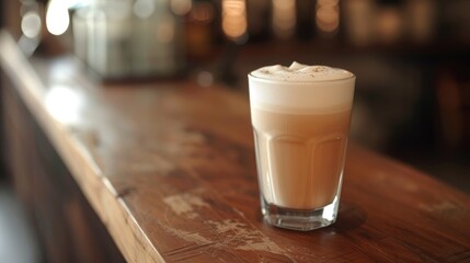 Wall Mural - Artistic latte with foam on wood desk ideal for breakfast at a coffee shop in a vintage setting