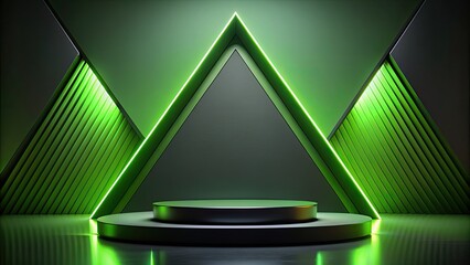 Wall Mural - Dark green triangular platform with modern lighting and sleek design.