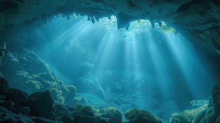 Sunlight streams through the opening of an underwater cave, illuminating the serene aquatic landscape and rocky formations beneath the ocean.