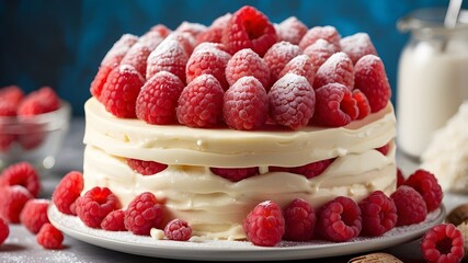 Wall Mural - A Delicious Cake Topped with Fresh Raspberries and vanilla cream