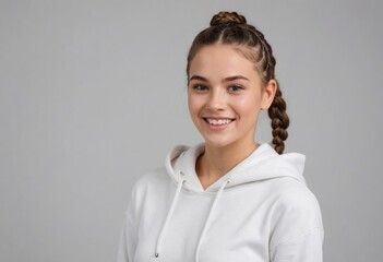 Wall Mural - A teen with a braid smiles in a white hoodie, presenting a relaxed and youthful appearance.