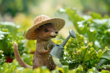 Wall Mural - A small squirrel wearing a straw hat is holding a watering can