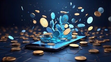 Wall Mural - Coins accumulating and blue coins flying from an abstract smartphone. Cashback idea. background in geometric form. Structure of light connection using wireframe. contemporary 3D illustration.