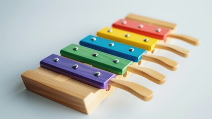 Children s wooden toy xylophone featuring multiple colorful keys on a white background