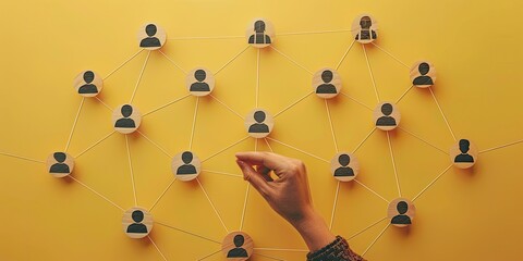 Poster - A visually appealing and simple illustration of interconnected people with different poses, each connected by one or two lines to form a network grid on a light yellow background