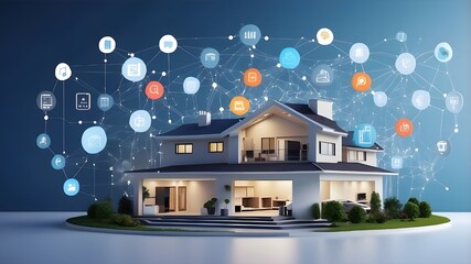 The smart house technology system banner is composed of digital data and is connected to domestic smart devices via cloud storage. The smart house is controlled by digital data and IoT communications