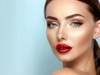 © LookChin AI - Professional Makeup Advertising Model Showcasing Decorative Cosmetics on Blue Background