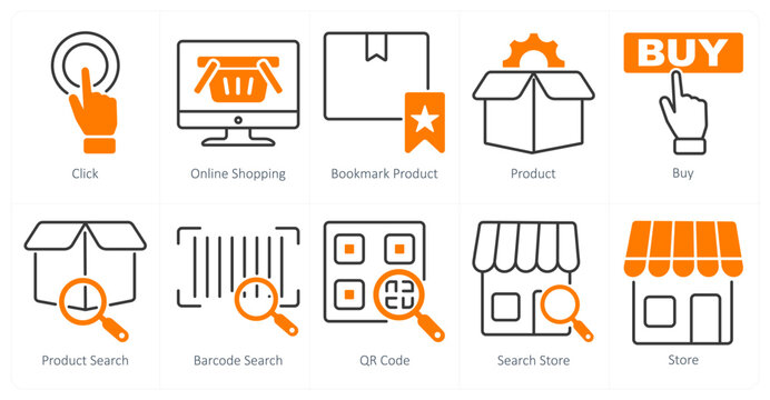 A set of 10 shopping icons as click, onine shopping, bookmark product