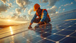 © Butt _Ai - Solar power engineer installing solar panels, on the roof, electrical technician at work, alternative renewable green energy generation concept
